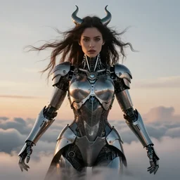 symmetry! closeup portrait of a beautiful biblical diabolical agile girl, cyborg armor, in clouds, cinematic studio light! windy, sunset, by gerald brom, by mikhail vrubel, by peter elson, high contrast, muted colors, extreme detail, mirrors! trending on artstation, 8 k