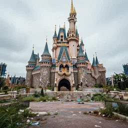 cinematic shot of the outside of the Disney world park, shut down, abandoned, Florida, out of business, castle is falling apart and rusted, got shut down, kids place, liminal spaces, backrooms, empty, overgrown with weeds, crumbling castle, destroyed castle, completely obliterated, Disney world, Disney land, theme park, roller coasters, Disney, old and dirty, water damage, garbage