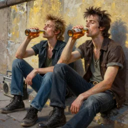 beautiful oil matte portrait painting, 8 0 s punks sitting on the berlin wall drinking bottles of beer, boombox on the side, wonderful masterpiece highly detailed, beautiful cinematic light deep focus, elegant, digital painting, smooth, sharp focus, golden ratio, dramatic illumination, ultra realistic, 8 k, art by jimmy law