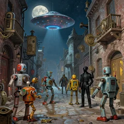cyberpunk, tin toy robots, ufo, flying saucer, moon, meninblack, whitechapel, 1 8 8 0 s, steampunk, alley, streets, walter sickert, earl norem, hyper realistic, artstation, illustration, digital paint, matte paint, vivid colors, detailed and intricate environment