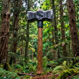 a highly detailed photo of an enormous hammer, standing in the middle of a forrest, vivid colours, photorealistic