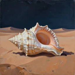 a beautiful painting of a giant seashell in middle of the desert at night, painted by john harris and moebius