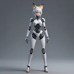 beautiful full body image of a human like anime girl robot with pale skin, evil robot like eyes and fox ears, high quality, highly detailed, 4 k, drawn by wwpgi, trending on artstation, digital art, rendered in unity 3 d