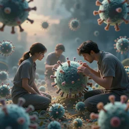 totally humans struggle in an bacterial biodiversities surrounded by others, dusk light, atmospheric dusk and vapour swirl, full colour, hyper realistic photo, chiaroscuro, shallow depth of field, volumetric lighting, upscale, 8 k, masterpiece,