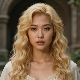 portrait, beautiful young asian woman with tanned skin and light blonde curly hair, light dress, fantasy artwork, dungeons and dragons, pathfinder, highly detailed face, realistic, sharp focus, by pino daeni, at guildhouse