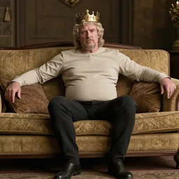 full body photo of older king robert human the wise. he is sitting gracefully on a sofa, elegant slim beige shirt, tight shirt, bouncy belly