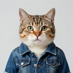 full head photo portrait of a cute cat made of jeans jacket, medium shot, super realistic, crisp details, sharp, detailed, intricate, volumetric lights, cinematic, shot with hasselblad, octane render