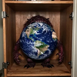 grainy photo of the planet earth as a creepy monster in a closet, harsh flash
