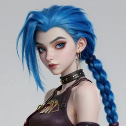 a ARCANE ART Portrait of JINX The Loose Cannon, blue hair, long pigtail, intricate, elegant, highly detailed, digital painting, concept art, smooth, sharp focus, illustration, by Laurie Greasley,Lawrence Alma-Tadema,Dan Mumford,artstation,deviantart,Unreal Engine,face enhance,8K,golden ratio,cinematic lighting