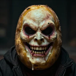 evil loaded baked potato face, haunted villain, cinematic, realistic photo, unsettling