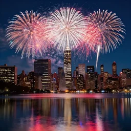 amazing bloomy colorful fireworks over a metropolian city skyline with reflections in a city lake, highly detailed, 8 k