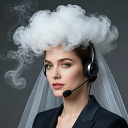 portrait of a beautiful female telemarketer wearing a headset, hot bank, cloud, fume, smoke, gauze, haze, mist rising from head, Artgerm, Donato Giancola, Joseph Christian Leyendecker