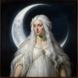 queen goddess luna, moon, white hair, high fantasy, by john berkey, by peter mohrbacher, renaissance oil painting, realism, master study