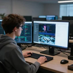 a nerd on computer testing how image prompts work 4k