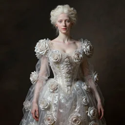neoclassical art closed realistic detailed portrait of a wonderful sweet expressive symmetrical albino lady dressed with a majestic semi transparent silk roses long dress, ornate, intricate, detailed, dramatic light, rembrandt style octane render