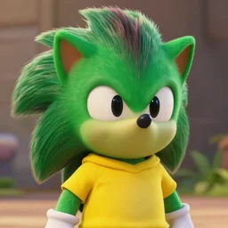 green anthropomorphic hedgehog by Pixar wearing a yellow shirt, cinematic shot