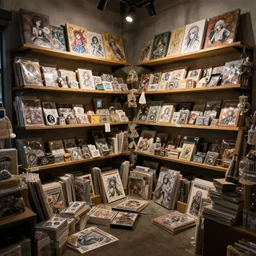 in a gift shop, things on the shelves and scattered on the ground, dim light, trending on artstation, mixed media, hyper detailed