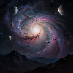 A highly detailed 4K fantasy matte painting of a nebula in the sky. Behind mountain silouette, planets, stars, zdzislaw beksinski, ArtStation, CGSociety, Unreal Engine
