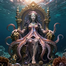 a detailed wide angle portrait of the goddess yemoja using symbiotic octopus technology on her underwater throne, unreal engine, fantasy art by greg rutkowski, loish, rhads, ferdinand knab, makoto shinkai and lois van baarle, ilya kuvshinov, rossdraws, tom bagshaw, radiant light, detailed and intricate environment