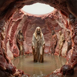 a prophet inside a spherical room, the walls are made of meat, the floor is flooded, by craig mullins, ilya repin, artgerm, wlop, syd mead