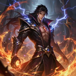beautiful male necromancer with fire and thunder magic, long hair, attarctive pretty face, anime key visual, highly detailed, sharp focus, concept art, league of legends, style by shumolly and monable and artgerm and greg rutkowski and jo chen and pilyeon and ruan jia
