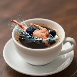A man swimming in a cup of coffee, digital art, trending on artstation