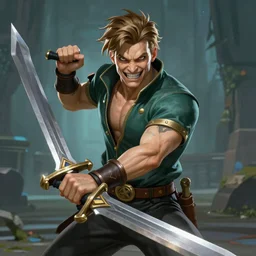 Sven from Dota 2 holding his sword, looking at the camera with a mad face.