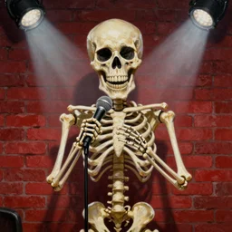 portrait of a funny skeleton doing stand up comedy show with microphone, red brick background, spotlight, smoky atmosphere, digital art, oil painting, high detail