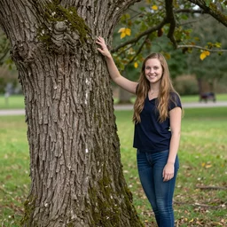 girl posing and smiling next to a detailed bark of an old tree with moss and leaves