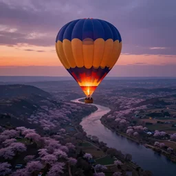 elevated view of hot air balloon in flight, rule of thirds, vibrant river valley in distance, cherry blossoms, dusk (orange violet grey), Photorealistic, establishing shot, cinematic lighting, , dramatic lighting, atmospheric, realistic, octane render, highly detailed, color graded, matte painting in the style of mikko lagerstedt