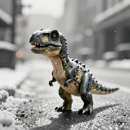 a beautiful photo by saul leiter of a tiny dinosaur with a big head standing in the street, tiny gaussian blur, insanely detailed, insanely intricate, insanely beautiful, depth of field, low contrast, snowy, wide aperture