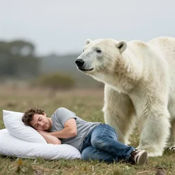 man sleeping next to polar bear 4K wildlife photo