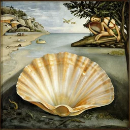 a painting of a beach with a giant shell, by botticelli