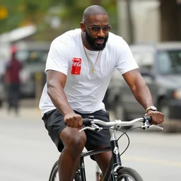 steve Harvey riding a bicycle with a coca cola can in his hand