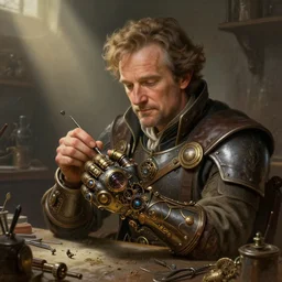 an ultradetailed portrait of robin williams dressed as an artificer, tinkering with a magic steampunk power glove, tiny tools in a workshop, d & d, fantasy, intricate, elegant, highly detailed, digital painting, matte, sharp focus, illustration, god rays, art by john collier and albert aublet and krenz cushart and artem demura and alphonse mucha