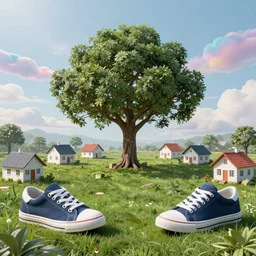A village where all the houses are made of very realistic sneakers, a huge realistic tree in the middle of the village illusion of divine transparent multi-colored clouds very long grass