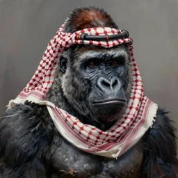 A hyperdetailed digital oil portrait painting of a gorilla wearing an arab shemagh in the style of Guy Denning and Ruan Jia. Trending on ArtStation and DeviantArt. Digital art.