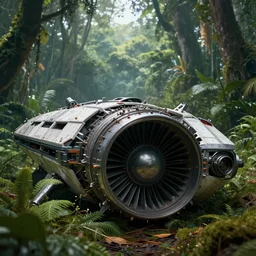 spaceship crashed in the jungle with big engine in front of viewer, photorealistic, ue 5, octane render, by dilan cole, wadim kashin, fausto de martini, featured on artstation, sharp focus, ray tracing, artstationhq, cgsociety, 8 k texture