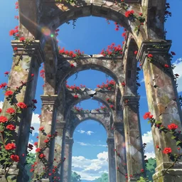 broken arches leading to the pillars of eternity draped with red flowers and vines, blue sky, lens flare, a sense of mystery, cinematic, ultra detailed, intricate, sharp focus, trending on artstation, 8K, Makoto Shinkai style