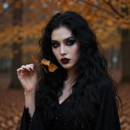 autumn dark witch, dark hair and makeup, fantasy, realism, trending on artstation