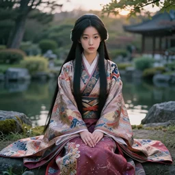 gorgeous japanese princess sitting by the pond in a fantasy garden, long hair, beautiful intricately decorated clothing, natural pose, backlight, dusk, shallow depth of field, fantasy matte painting, coherent composition, karole bak, mohrbacher, hasui kawase
