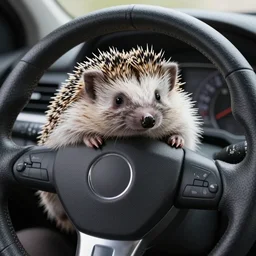 a hedgehog with paws at a steering wheel