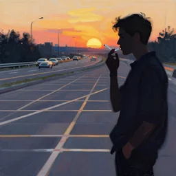 a beautiful illustration of a car parket near a highway at sunset, silhouette of a man smoking a cigarette, art of alena aenami, featured on artstation, vertical orientation, paint brush strokes, expressionism, brushstroke - laden
