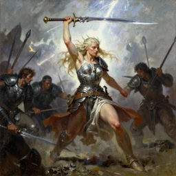 A full portrait oil painting of a berserker woman holding a claymore above her head an running into battle, elven goddess of war armor, by Frank Frazetta, Greg Rutkowski, Boris Vallejo, epic fantasy character art, Exquisite detail, post-processing, low angle, masterpiece, cinematic, lightning