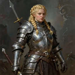 A noble female dwarven warrior and blacksmith wearing heavy iron breastplate. Chubby plump body. complex blonde braided hair. Fantasy concept art. Moody Epic painting by James Gurney, and donato giancola. ArtstationHQ. painting with Vivid color. (Dragon age, witcher 3, lotr)