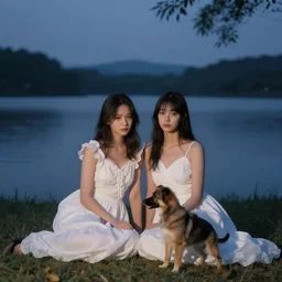 two beautiful girls wearing white dresses beautiful faces a dog john martin landscape lake evening