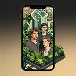 portrait an isometric iphone with lush foliage overgrowth, modern art deco, ( ( karolis strautniekas ) ), christopher balaskas, mads berg, detailed, composition perspective, halftone shaded, matte print, rich grainy texture, editorial illustration, grainy gradients