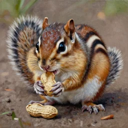 a close - up of a chipmunk eating a peanut on the ground intricate, highly detailed, 8 k. palette knife oil painting on canvas by leonid afremov.