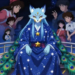 portrait from an anime of an humanoid ethereal colorful blue starry spirit fox peacock character with giant golden demonic fangs, wearing star filled mage robes, sitting in an illuminated observatory at night, art by yuji ikehata, background art by miyazaki and art direction from the last unicorn film, realism, detailed, proper human proportions, fully clothed