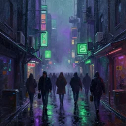 a oil painting of narrow crowded!!!!!! cyberpunk street in rainy night, purple and green neons, heave foggy, sci - fi, wet winter, low angle shot, water reflect, lush detail, cinematic lighting, sharp focus, hyperrealism, volumetric light, by sebastian luca on artstation. 4 k, concept art.